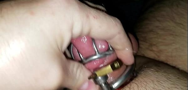  Jerking off in chastity cage